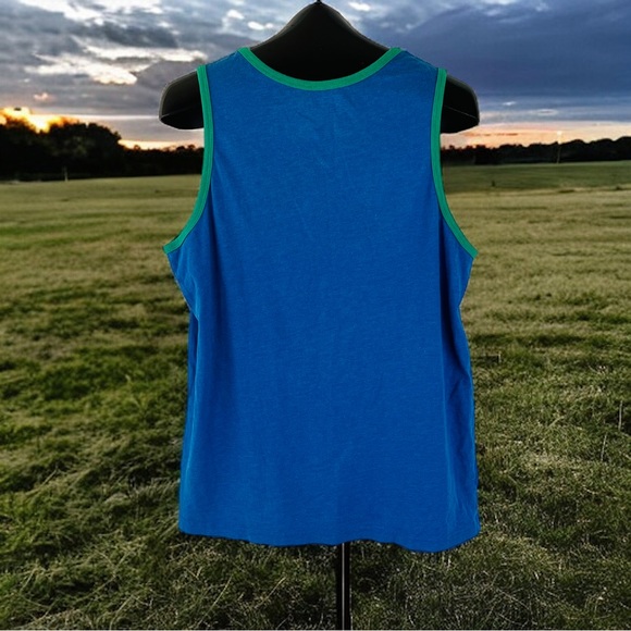 I Flexed And The Sleeves Fell Off Tank Top | Blue with Green Trim | Men's Size L - Picture 6 of 10